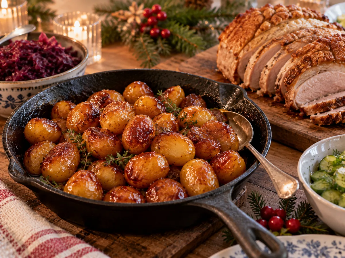 Pande med små blanke brunede kartofler på et julebord