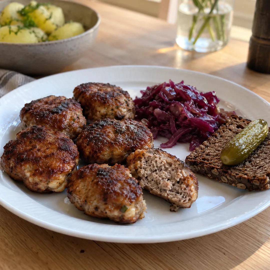 Stegte frikadeller på et hvidt fad med rødkål og rugbrød