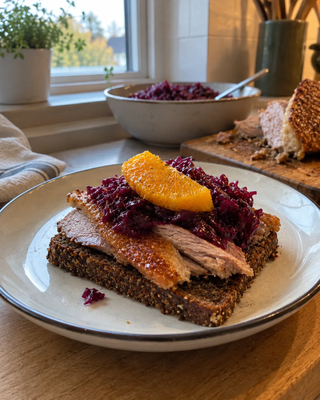 Rugbrød med skiver af and, rødkål og appelsin dagen efter